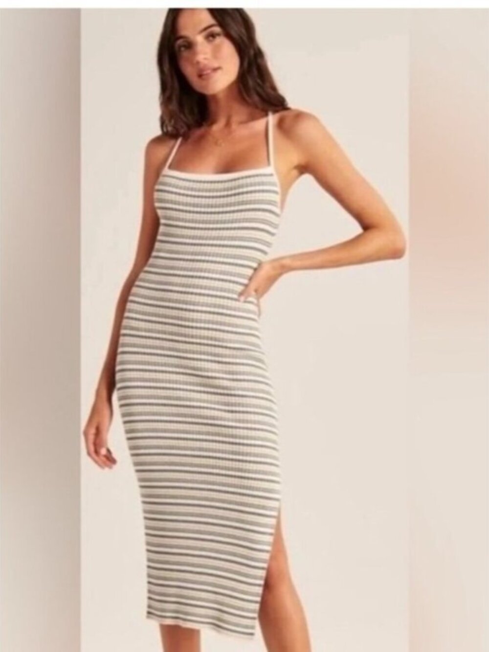 Striped Knit Midi Slip Dress - Cream & Gray